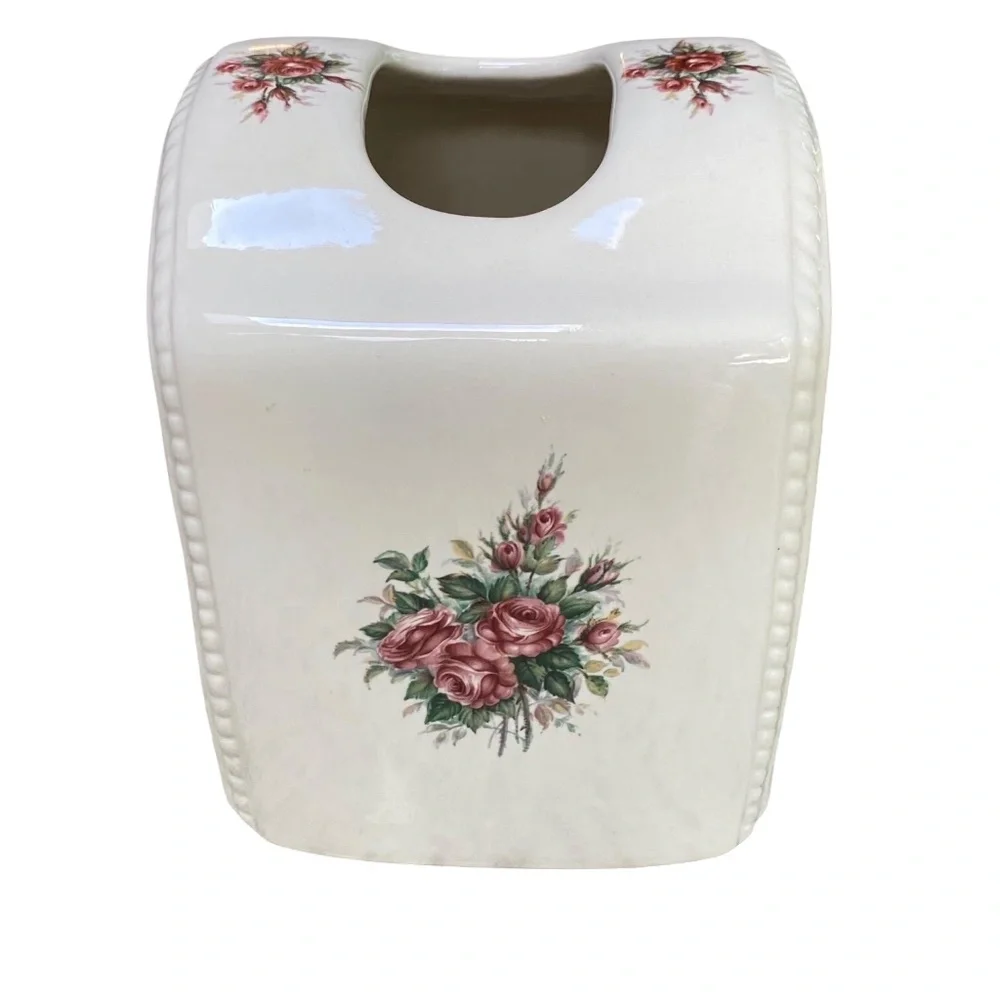 Vintage Athena Rose Rhapsody Ceramic Tissue Box Cover White Pink Floral USA NEW